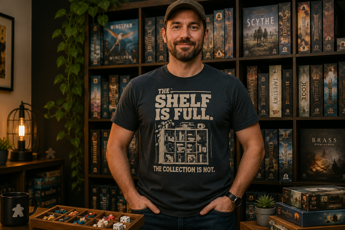 A proud gamer in front of his well organized board game collection