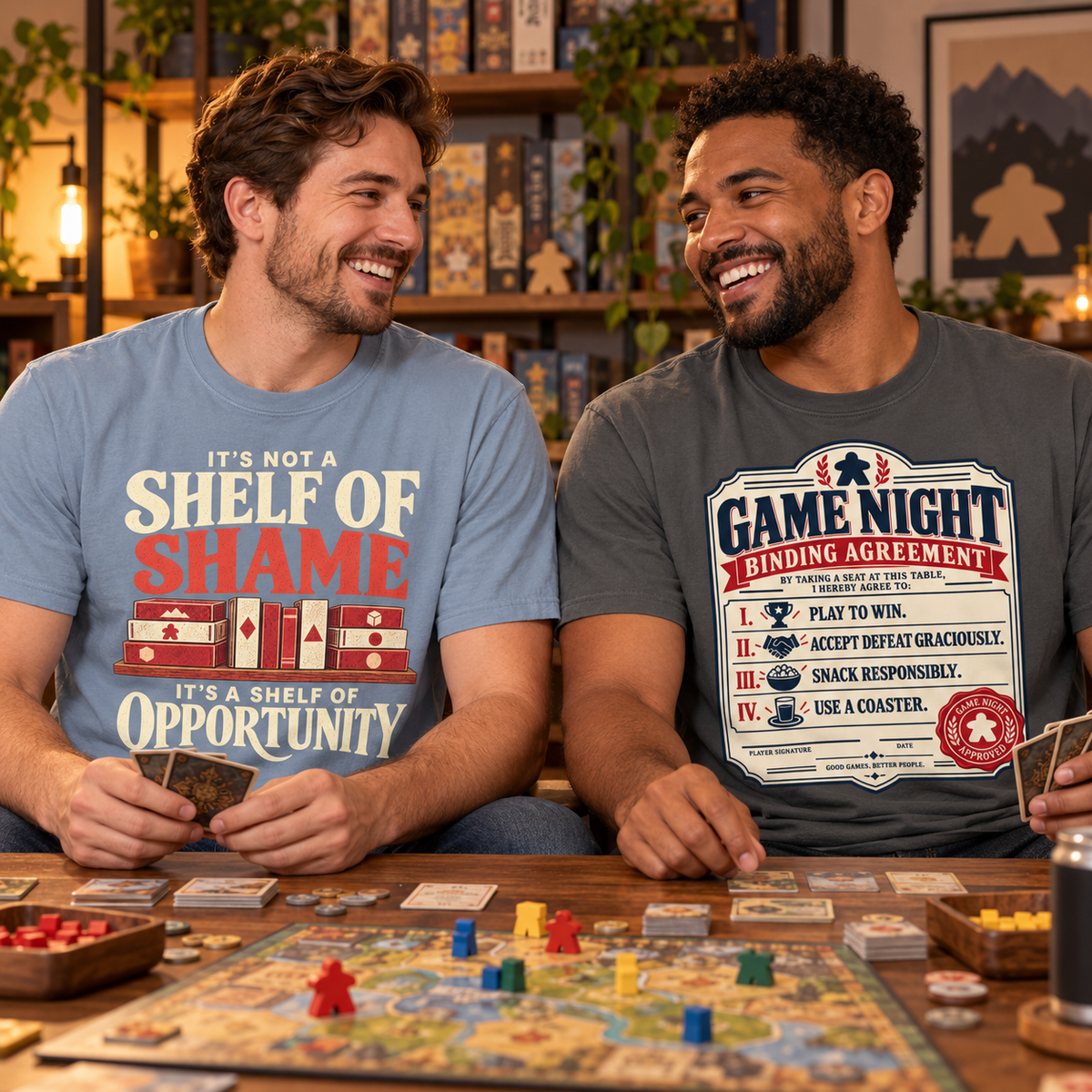 two men wearing board gaming t-shirts