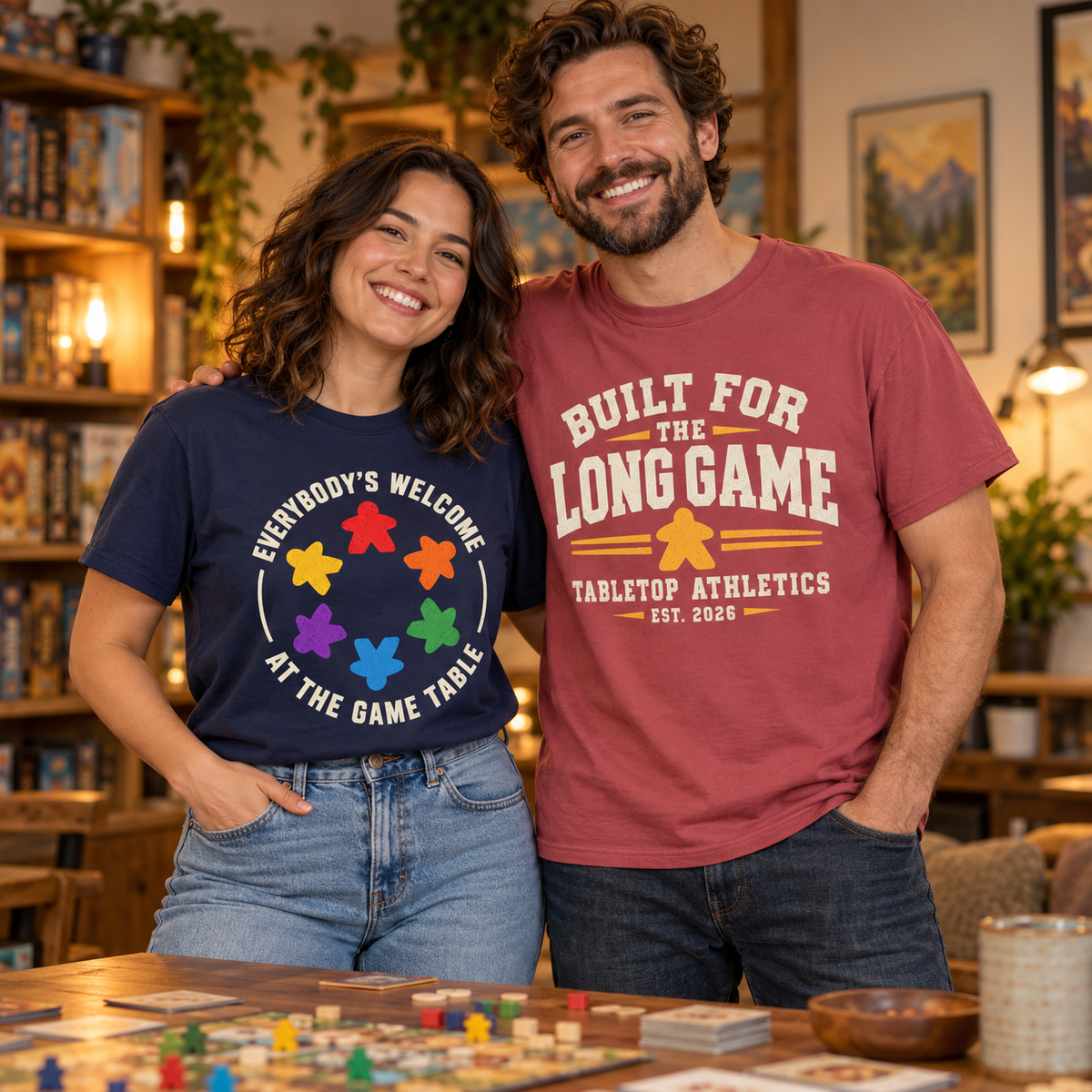 Two people wearing shirts from our featured designs